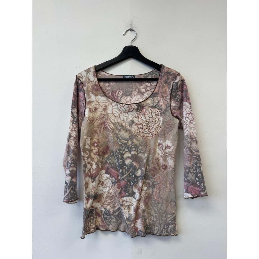 VTG Energe‎ Shirt Womens Large Beige Floral Scoop Neck 3/4 Sleeve Top Boho Print